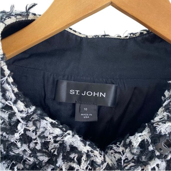 St. John Women’s 10 Fringe Trim‎ Boucle Tweed Blazer Overcoat Cream Black Artsy - Picture 2 of 11